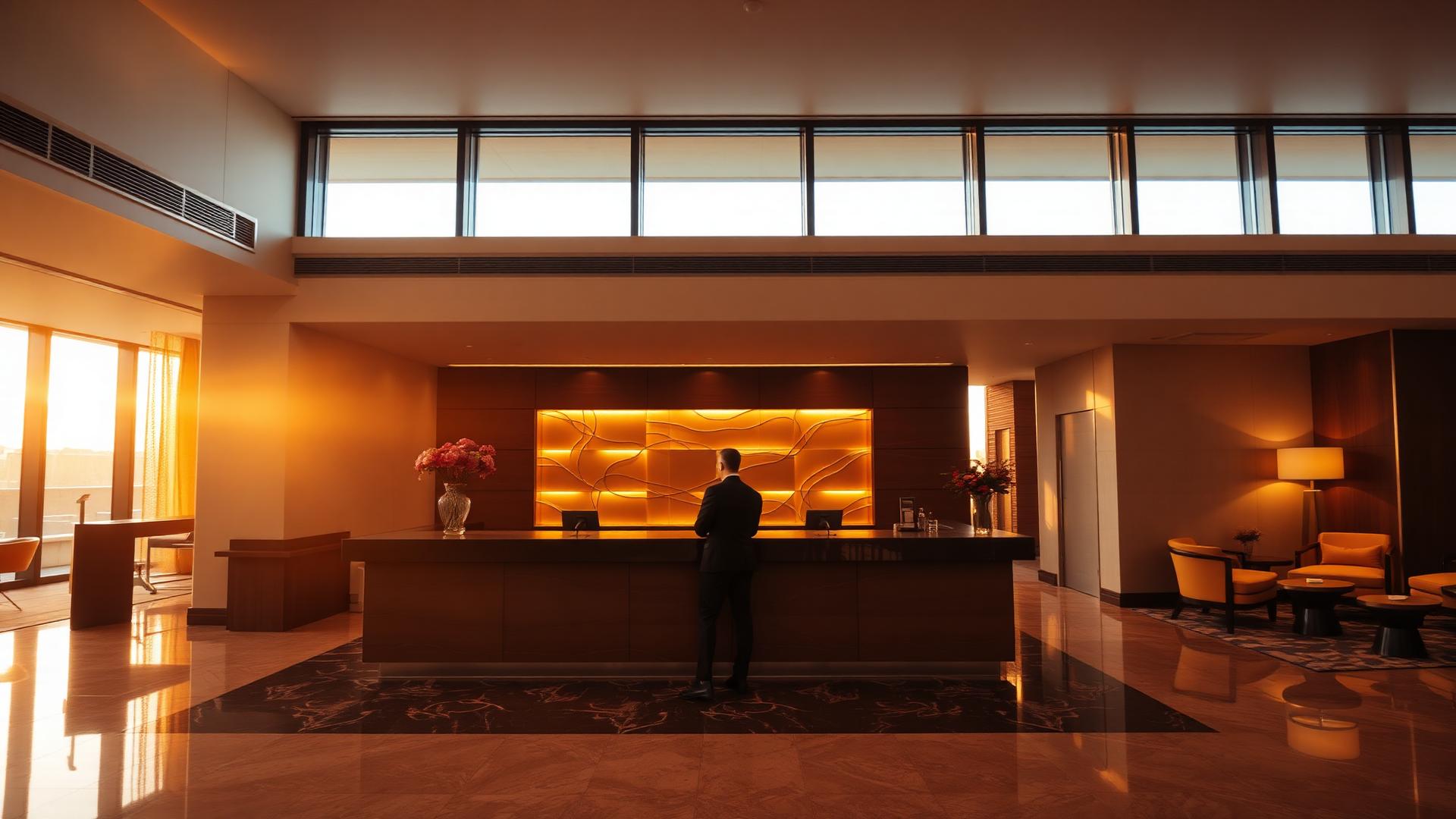 Luxury hotel lobby with warm ambient lighting